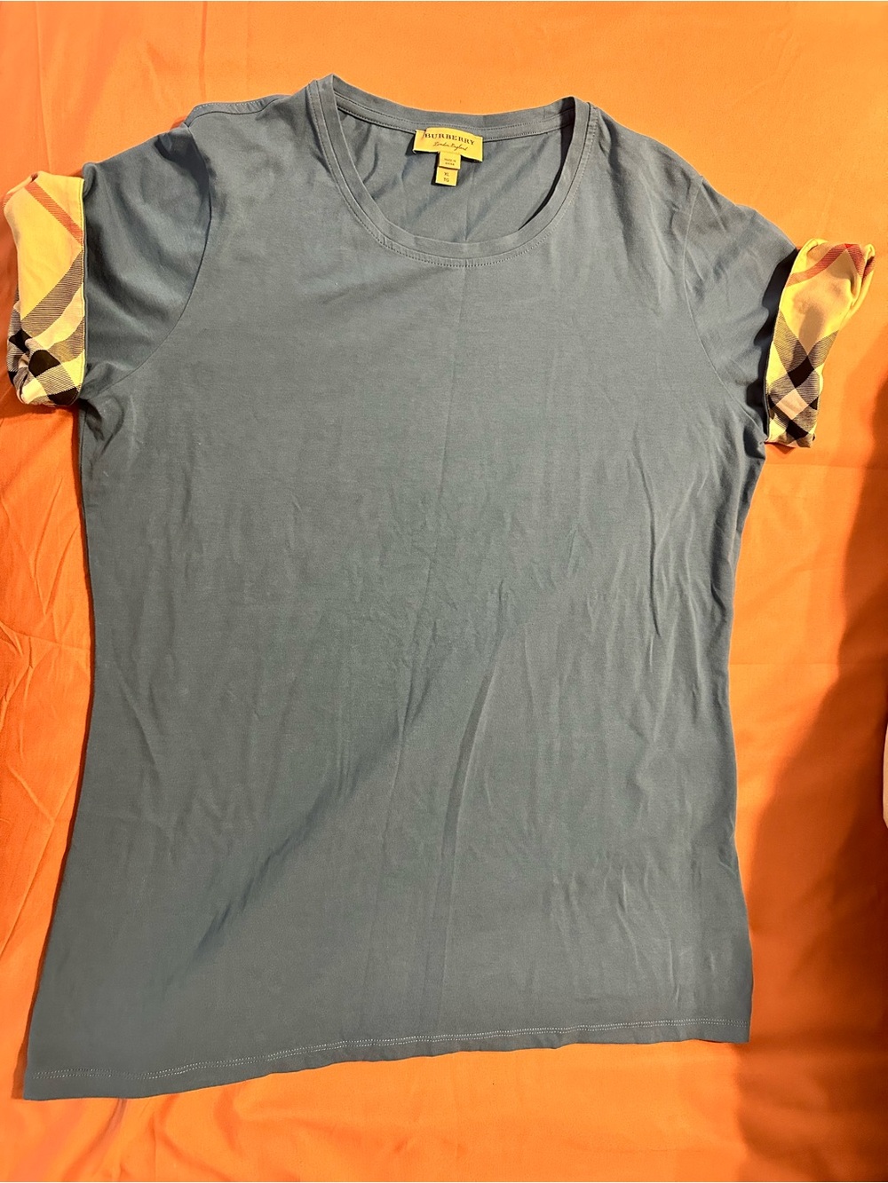 Burberry Slate Blue round collar check cuff Tee with Branded Tag